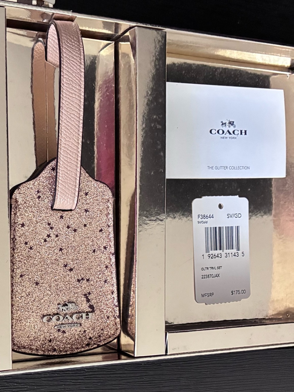 COACH Rose Gold Glitter Leather Luggage Tag - Picture 4 of 4